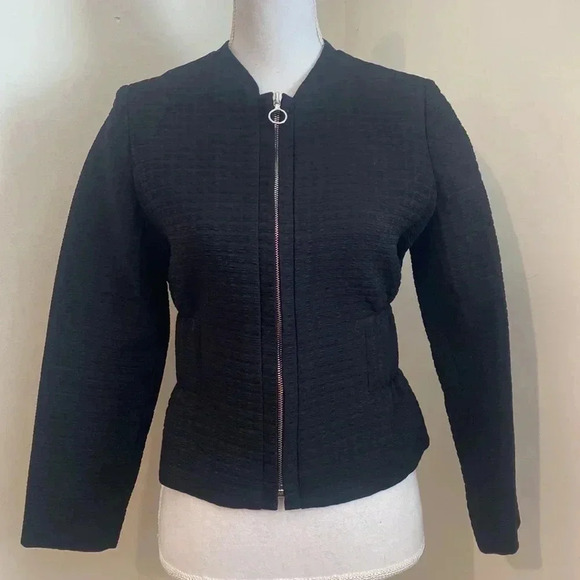 MAJE Vio Black Textured Zip Front Elastic Waist Bomber Jacket size S USA/36 EU - Picture 2 of 11